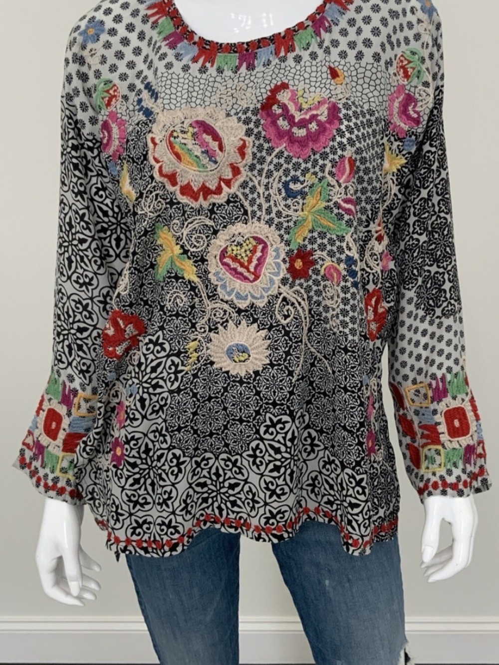Johnny Was Biya  Silk Blend Embroidery Top